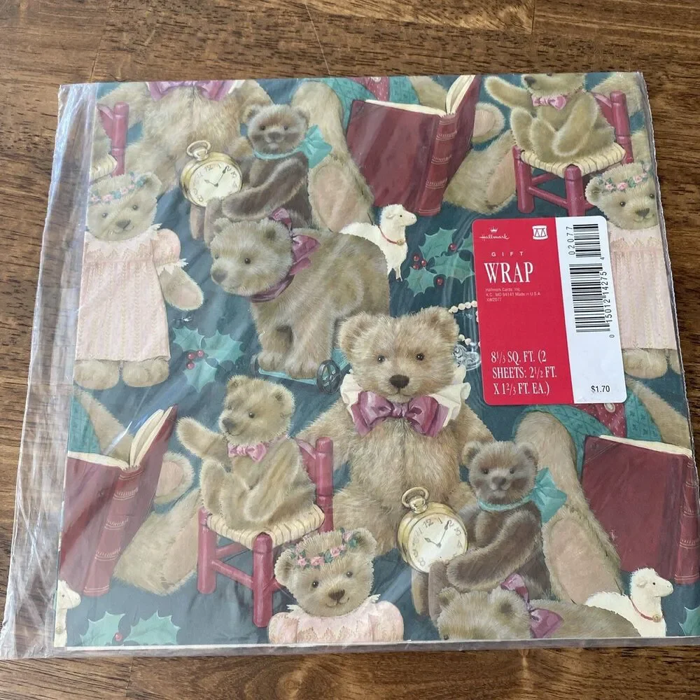 Vintage Christmas Gift Wrapping Paper Teddy Bear Toys Holly Lamb New Old Stock